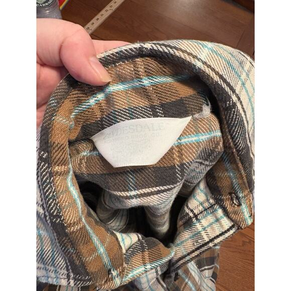 Vintage Clydesdale Flannel Shirt Distressed Sz Lg Blue Aqua Plaid Mountain Fall - Picture 5 of 7